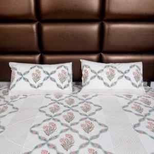 Parure de lit double de luxe en pur coton blanc avec imprimé géométrique floral rose pêche et 2 taies d'oreiller assorties pour la maison - Product Image 4