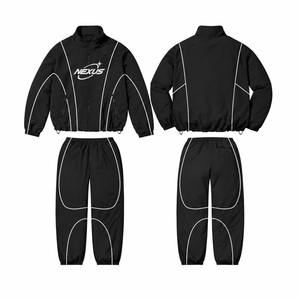 Ensemble survêtement coupe-vent noir, fermeture éclair intégrale, style sportif streetwear, unisexe adulte, vêtements d'hiver, matière nylon à séchage rapide, coupe classique - Product Image 1