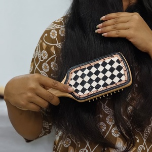 Wooden Hair Brush With <b>Leather</b> Inlay Geometric Pattern <b>Rivet</b> Detail Handle <b>leather</b> inlay handle Handmade - Product Image 2
