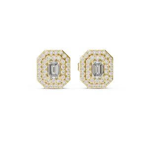 Pendientes de oro macizo de 18 quilates con diamantes de laboratorio de corte esmeralda, doble halo y microengaste, joyería fina para mujer - Product Image 1
