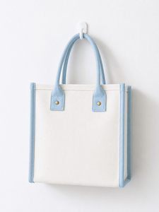 Sac fourre-tout en toile bicolore avec poignées et finitions en PU bleu clair, forme carrée, style simplicité urbaine, toile de coton épaisse - Sac fourre-tout en toile - Product Image 1