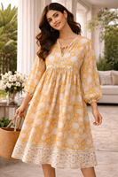 Robe longue en coton jaune moderne à imprimé floral naturel, faite à la main, avec col à panneaux et poches latérales Dori pour femme
