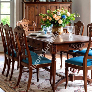 Ensemble de table à manger en bois massif artisanal de luxe pour 6 personnes, chaises sculptées ornées, finition miel premium - Product Image 3