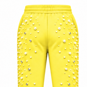 Custom Lemon Yellow Pearl Beaded <b>Jogger</b> Pants <b>Women</b> Luxury Embellished Drawstring Sweatpants Casual Streetwear <b>Fleece</b> Bottoms - Product Image 4