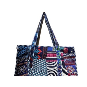 Custom Design Patchwork Quilted Silk Tote Bag Large Floral Pattern Women's Beach Shoulder Handbag blue color silk Bag - Product Image 5