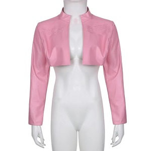 Pink PU <b>Leather</b> Breathable Cropped Motorcycle <b>Jacket</b> Zipper Women's Stand Collar <b>Long</b> Sleeve Biker Style for Autumn Winter - Product Image 6