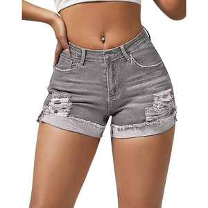 Shorts de mezclilla rasgados de cintura alta para mujer con doble botón, dobladillo deshilachado y efecto desgastado, elásticos - Product Image 4