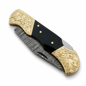Luxury Handmade Damascus Folding Pocket <b>Knife</b> with Engraved Brass Bolster & Black Wood <b>Handle</b> OEM ODM Manufacturer - Product Image 3