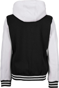 Custom Women Pink Black Hooded Varsity Jacket Casual Streetwear Bomber Jacket with Snap Buttons - Product Image 3