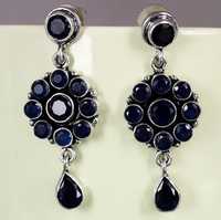 Großhandel Messing Oxidierte Blaue Saphir Blumenform Fassung-Set Tropfen-Ohrringe Damen Handgefertigt Vintage Antik Silber Mode