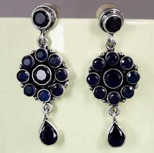 Boucles d'oreilles pendantes en argent sterling 925 avec saphir bleu pour femmes, bijoux vintage faits à la main, boucles d'oreilles tendance - Product Image 3