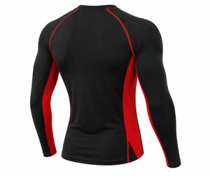 Camiseta de Manga Larga con Cuello Redondo, Personalizada para Hombre, Ajustada, de Secado Rápido, Transpirable, Anti-UV, con Bloques de Color, Negra y Roja, de Spandex - Product Image 5