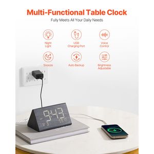 Sveglia Digitale con Porta USB, Doppio Allarme, Volume Regolabile, Orologio da Scrivania in MDF, Luce Notturna, Controllo Vocale per Uso Domestico e Comodino - Product Image 4