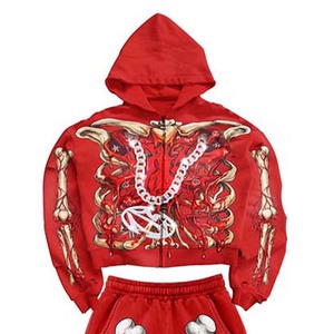 Conjunto de Sudadera con Capucha y Pantalones Deportivos para Hombre, Marca Protect Style Apparels, Estampado de Esqueleto Rojo, Transpirable, Poliéster/Algodón, Estilo Urbano, FRENCH TERRY - Product Image 3