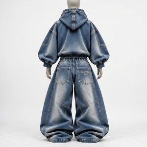 <b>Womens</b> Blue Denim Hoodie Tracksuit Set Oversized <b>Baggy</b> Wide Leg <b>Jeans</b> Vintage Wash Streetwear Custom Clothing Manufacturer - Product Image 4