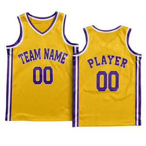 Conjunto de Uniforme de Baloncesto Retro Personalizado en Amarillo con Cuello y Borde Morado, Jersey y Pantalones Cortos, Diseño con Nombre y Número del Equipo - Product Image 6