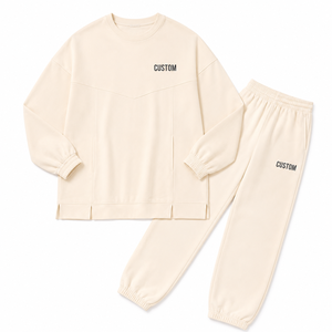 Custom Logo Women Beige Longline Sweatshirt Tapered <b>Joggers</b> Set <b>Oversized</b> Crewneck Tracksuit Two Piece Fleece Activewear Supply - Product Image 3