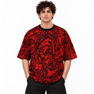 T-shirt à manches courtes surdimensionné pour homme, col rond, imprimé graphique crâne rouge et noir, style streetwear - Product Image 1