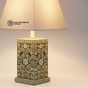 Lanterne de table artisanale verte à motifs floraux avec incrustations en os et abat-jour en tissu, lampe décorative de chevet pour salon et décoration intérieure - Product Image 2
