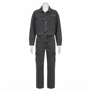 <b>Women</b> Charcoal Gray <b>Cropped</b> Denim <b>Jacket</b> And Cargo <b>Jeans</b> Set Casual Two Piece Streetwear Fashion Outfit - Product Image 3