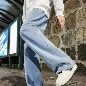 Mens Mid Rise <b>Elastic</b> <b>Waist</b> Straight <b>Jeans</b> Drawstring Breathable Washed Denim Patchwork Pants Streetwear Trousers 100% Cotton - Product Image 6