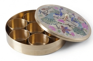 Conteneur à épices artisanal en laiton de qualité supérieure avec couvercle, design paon émaillé à la main, articles de cuisine de luxe - Product Image 4