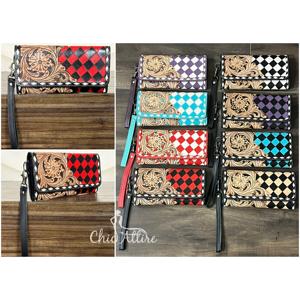 Cartera de Cuero Vacuno Hecha a Mano de Primera Calidad, con Diseño Floral y Patrón a Cuadros, de Gran Capacidad, para Mujer - Product Image 1