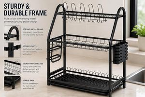 Escurridor de Platos Negro de 3 Niveles para Colocar Sobre el Fregadero con Porta Cubiertos, Organizador de Almacenamiento de Metal Resistente - Product Image 5