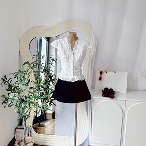 Conjunto de Blusa de Manga Corta con Cuello en V y Encaje Sólido, Falda Larga en Línea A, Mezcla de Algodón Transpirable para Primavera/Verano, Estilo Casual - Product Image 2