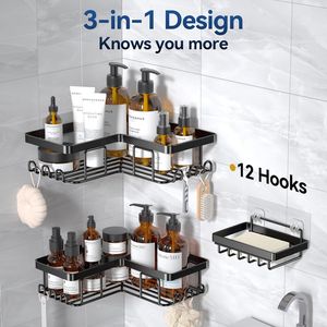 Rustproof Stainless Steel <b>Corner</b> <b>Shower</b> Shelves No Drilling Wall Mounted Rack 12 Hooks Black 3 Pack - Product Image 6