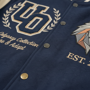 Veste universitaire Urban Odyssey pour homme, bleu marine et crème, avec logo loup brodé, style preppy, manteau d'automne - Product Image 6