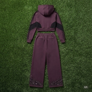 <b>Women</b> Two Piece Zip Up Hooded Tracksuit Set Color Block Crop Hoodie Wide Leg <b>Jogger</b> Pants Rhinestone Detail - Product Image 5