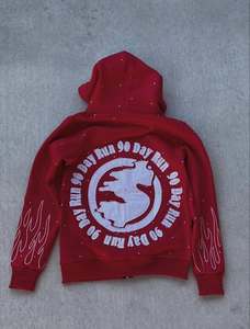 Sweat-shirt à capuche zippé pour homme personnalisé, avec imprimé graphique lettres en relief et détails manches effet flamme, streetwear premium en coton doux, style décontracté - Product Image 6