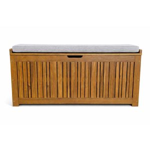 Solid Acacia Wood & Fabric Modern Outdoor Patio <b>Bench</b> <b>with</b> Built-in <b>Storage</b> Box Cushion Weather Resistant Handwoven - Product Image 1