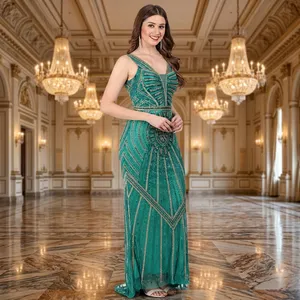Vestido de noche con cuentas verde esmeralda, sin mangas, con cuello en V, vestido largo, estilo Bollywood, para banquete, fiesta, ropa formal - Product Image 1