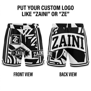 <b>Men</b> <b>Basketball</b> <b>Shorts</b> Premium Polyester 140g Charcoal Grey Black Contrast Panel Front Cartoon Monsters Custom Embroidered - Product Image 1