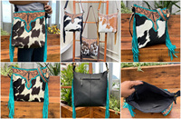 Sac en cuir de vachette et en cuir usiné fabriqué à la main avec accents de franges turquoises sac à bandoulière à fermeture éclair de haute qualité à la mode pour les femmes