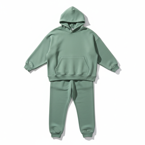 เสื้อสเวตเชิ้ตมีฮู้ดสีเขียวแบบยูนิเซ็กซ์และกางเกงวอร์มขายาวสีพื้นลำลองสำหรับฤดูใบไม้ร่วง ผ้าฝ้าย 100% ทรงหลวม - Product Image 1