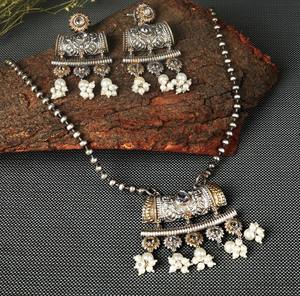 Oxidized Silver Statement Pendant <b>Necklace</b> <b>Set</b> with Red Ruby Color Stone & <b>Pearl</b> Drop Earrings for Women - Product Image 3