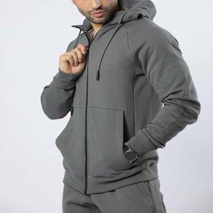 Survêtement gris à capuche pour homme, fermeture éclair intégrale, coupe décontractée, avec poches latérales, vêtement d'automne, matière polyester - Product Image 5