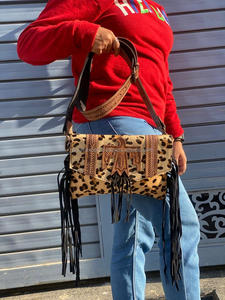 Western Style Leopard Hair on Fur Leather Fringe Bag <b>Handbag</b> Bohemian Carving Tooled Bag - Product Image 3