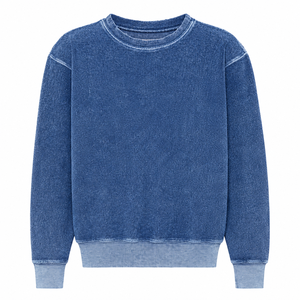 เสื้อสเวตเชิ้ตคอกลมโอเวอร์ไซส์สำหรับผู้ชาย สีน้ำเงินล้วน สไตล์ลำลอง ทรงปกติ ผ้าฝ้ายถักแบบวอช ทรงเข้ารูป สไตล์ฤดูใบไม้ร่วง - Product Image 4