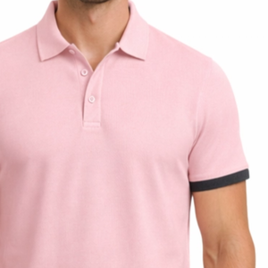 Polo décontracté pour homme rose et gris foncé à manches courtes, coupe ajustée, avec bordure contrastante grise aux poignets, très demandé - Product Image 3