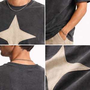 Custom Logo Men's Vintage Wash Black Streetwear T-<b>Shirt</b> Heavyweight Cotton Boxy Tee with Star Applique Wholesale - Product Image 6