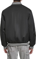 Blouson universitaire noir en satin pour homme avec bordure à rayures blanches, coupe classique, col rabattable, fermeture boutonnée, éco-responsable, décontracté, hiver