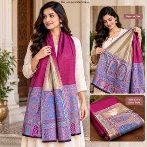 Moonlight Zari Reversible Stole Shawl 70x200 cm for Women with Fine <b>Wool</b> Fabric, Elegant Paisley Border, Traditional Ethnic Wint - Product Image 2