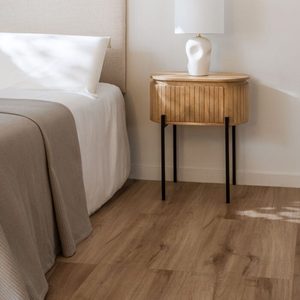 Modern Mango Wood Nightstand Round <b>End</b> <b>Table</b> Bedroom with Fluted <b>Storage</b> Cabinet Metal Legs 1-Drawer - Product Image 1