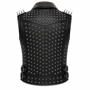 Gilet de motard pour homme en cuir véritable 100% |   Gilet de moto punk clouté avec col à revers à pointes, plusieurs poches zippées - Product Image 2