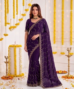 Sari de Seda Morado con Bordado Dorado, Traje Tradicional Indio para Bodas, para Mujer, Largo hasta el Suelo, Corte Regular, Protección Solar - Product Image 1