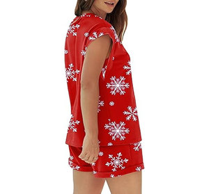 Conjunto de 2 piezas de pantalones cortos para mujer, sin mangas, cuello redondo, estampado de copo de nieve, rojo, informal, holgado, con bolsillo, conjunto de invierno - Product Image 1